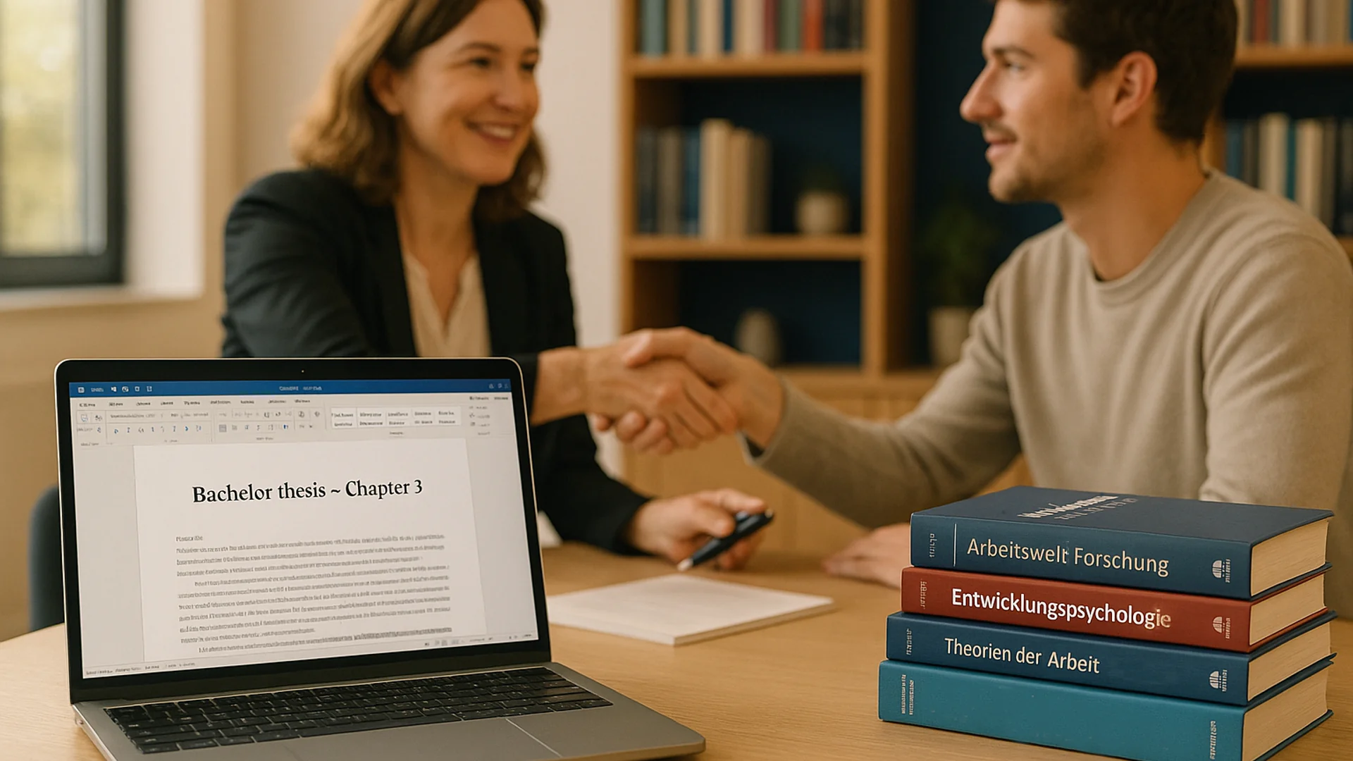 Akademische Zusammenarbeit: Studentin und Mentor arbeiten gemeinsam an einer Bachelorarbeit