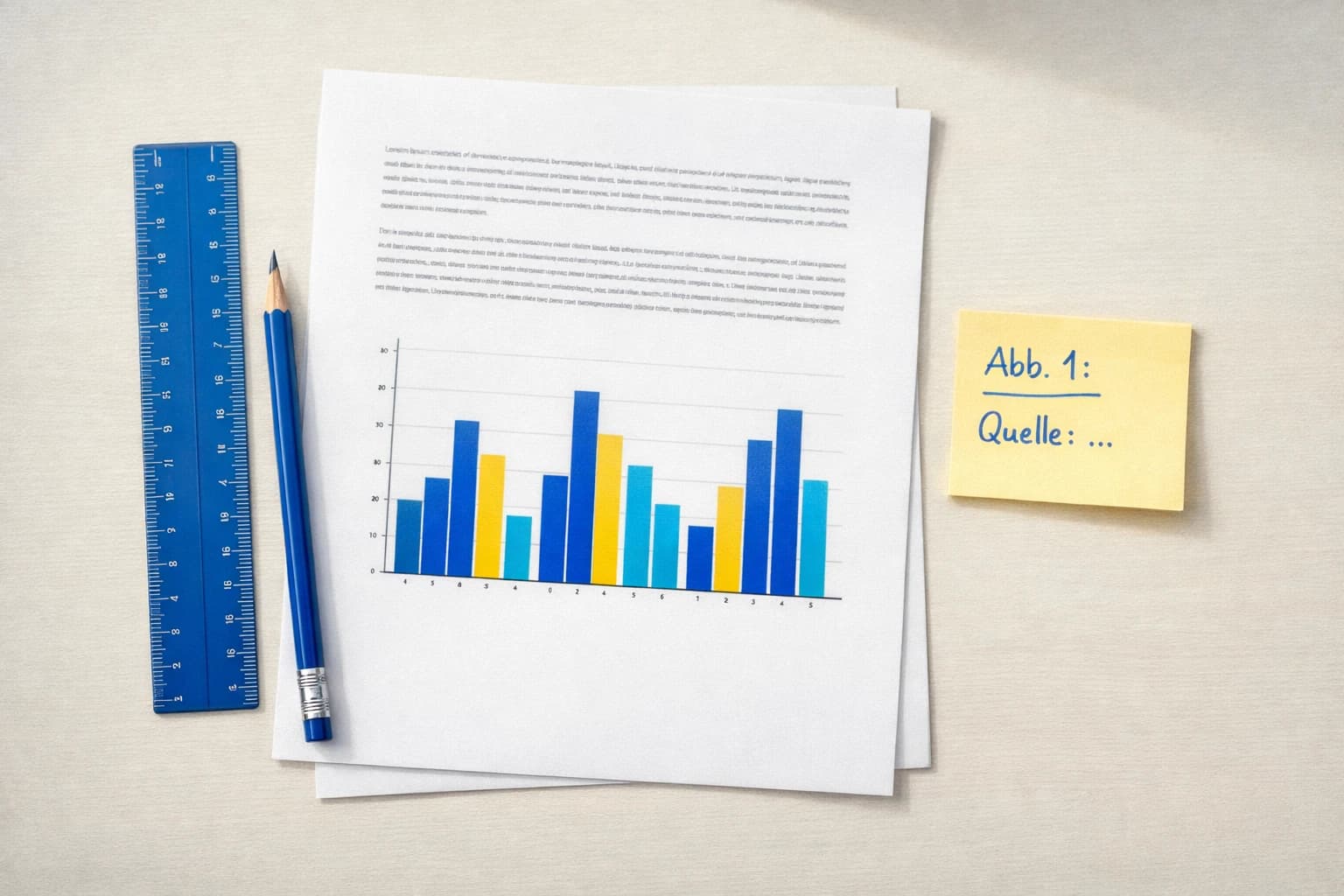 Wissenschaftliche Abbildung mit Quellenangabe auf einem Schreibtisch neben Lineal und Notizzettel