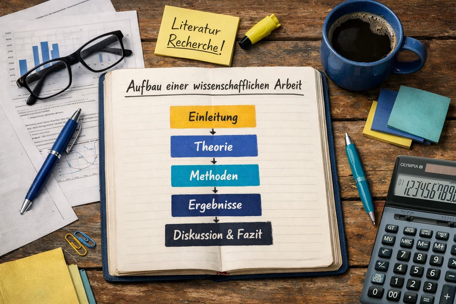 Aufbau einer wissenschaftlichen Arbeit mit Gliederungsstruktur von Einleitung bis Fazit