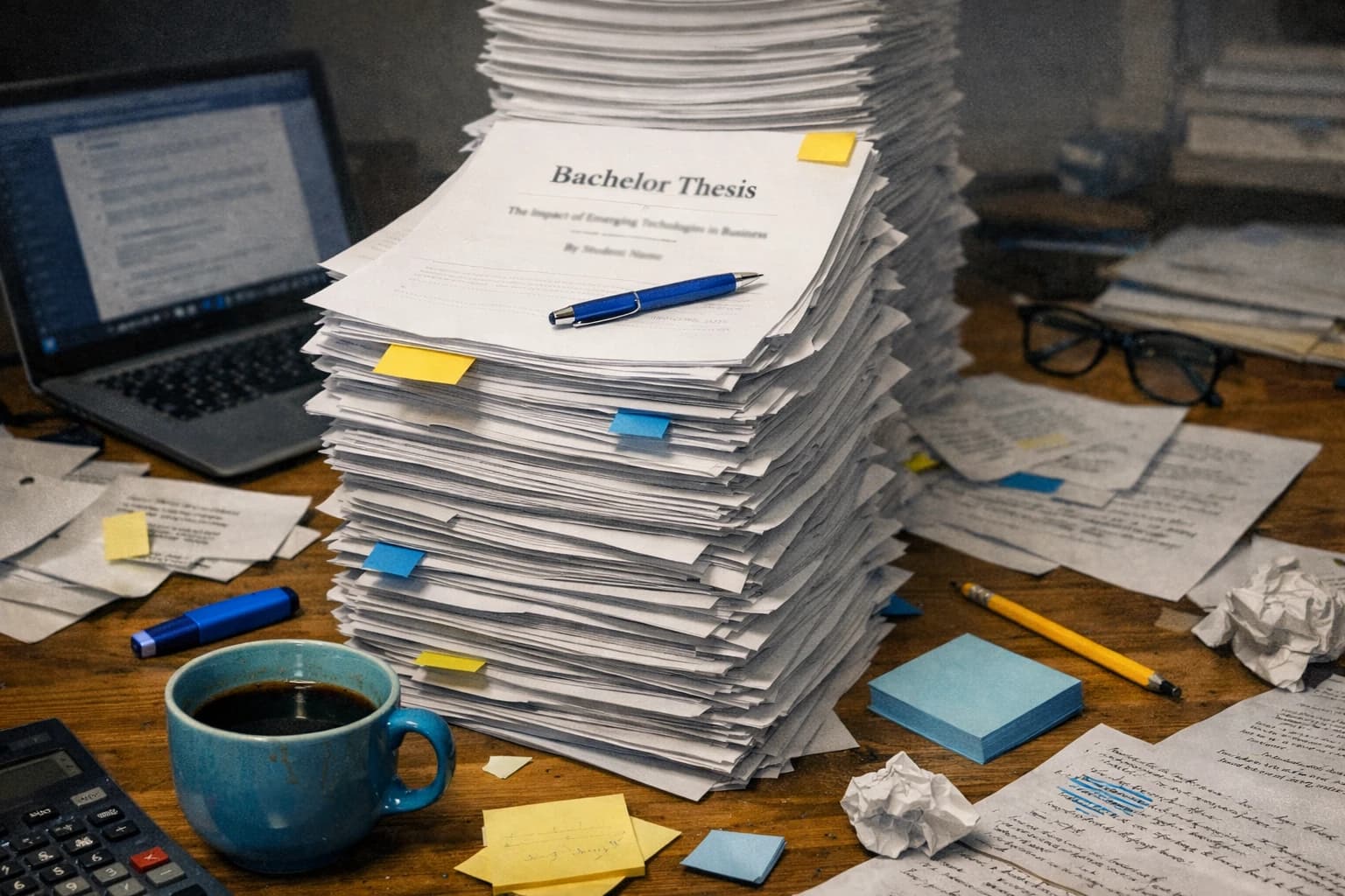 Stapel von Bachelorarbeit-Seiten auf einem Schreibtisch