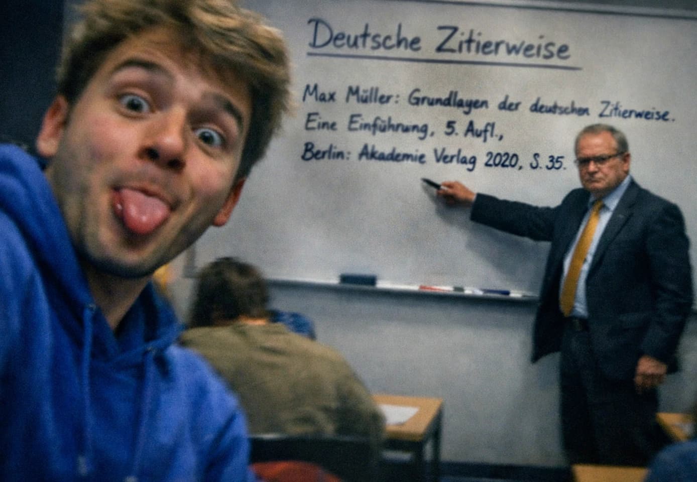 Student im Hörsaal macht Selfie, Professor erklärt die deutsche Zitierweise mit Fußnotenbeispiel an der Tafel