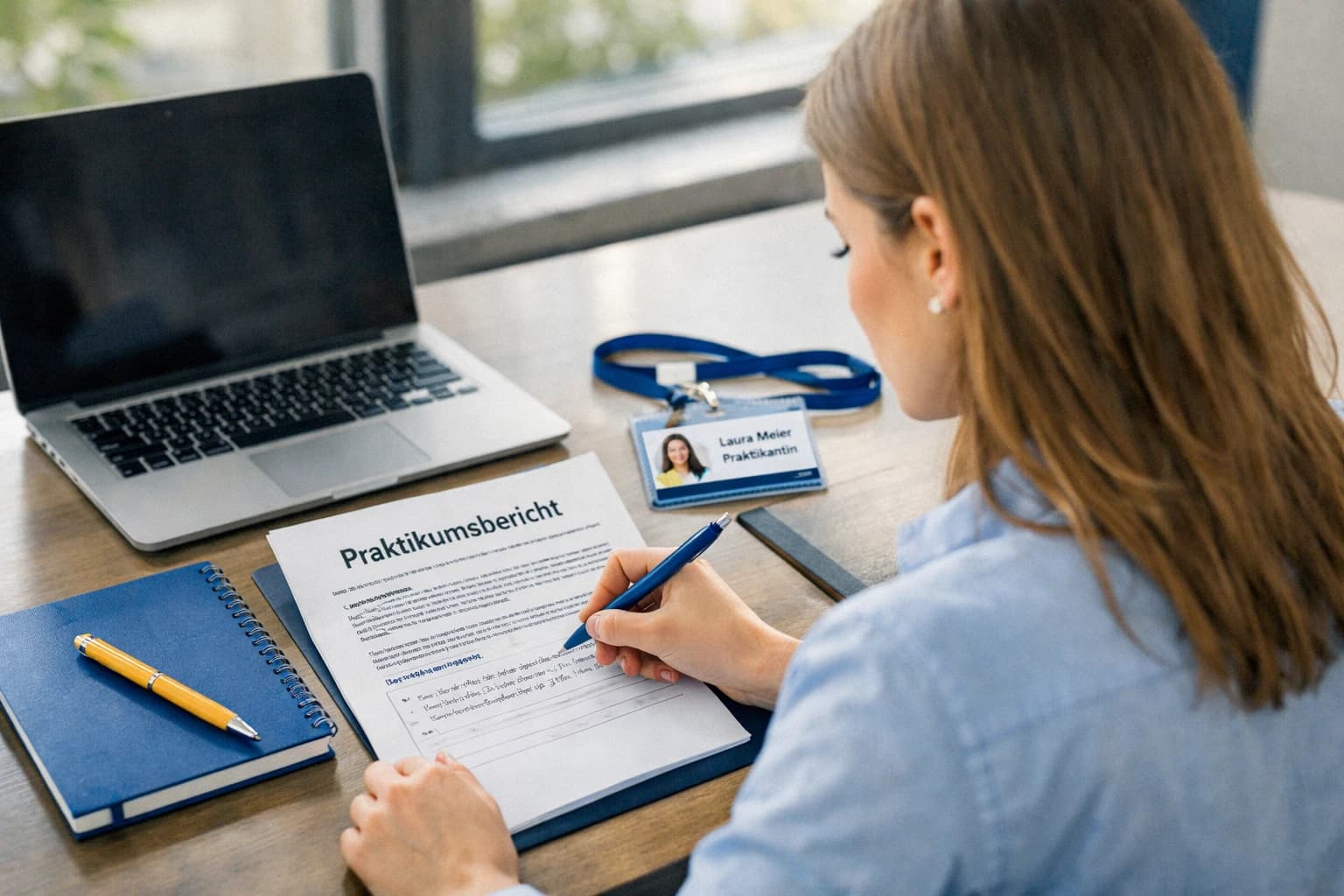 Studierende schreibt die Einleitung eines Praktikumsberichts am Schreibtisch mit Laptop und Firmenausweis