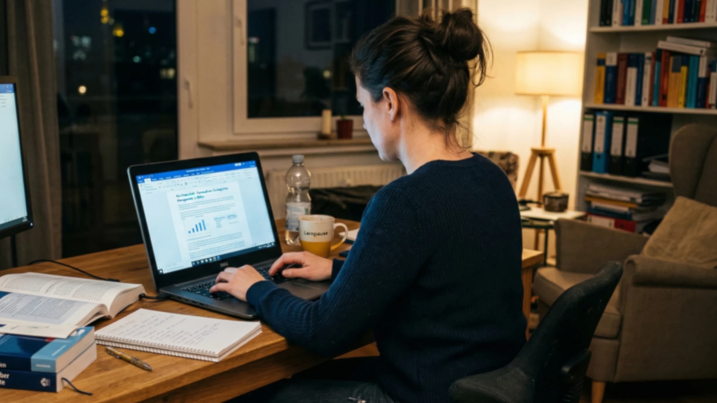 Berufstätige Frau schreibt Abschlussarbeit im Fernstudium am Laptop