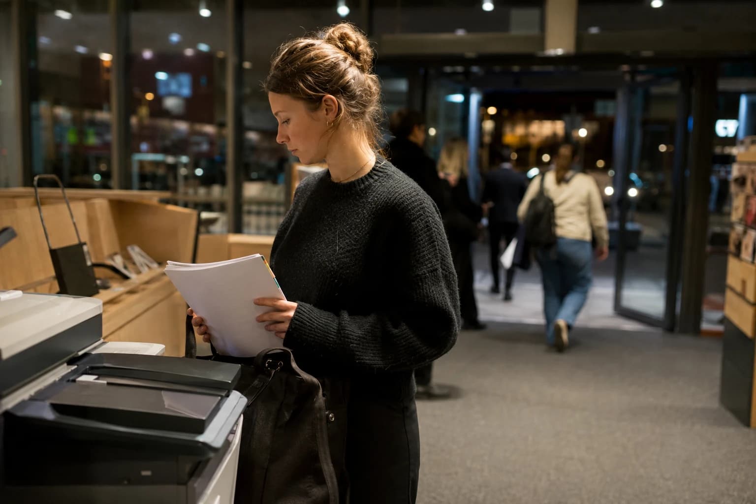 Studentin steht abends neben einem Drucker im Ausgangsbereich der Bibliothek und betrachtet nachdenklich die ausgedruckten Seiten ihrer Arbeit, hinter ihr Glastüren und gehende Personen.