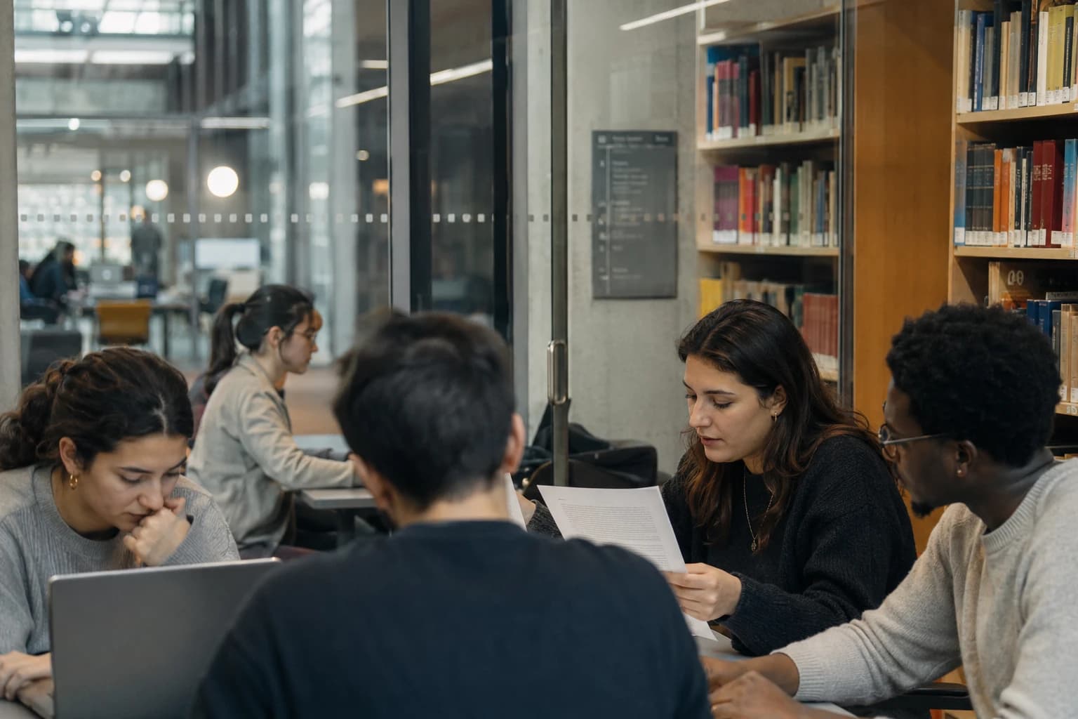 Diverse Studierende an einem Bibliothekstisch, eine Studentin liest konzentriert einen ausgedruckten deutschen Text, daneben eine Kommilitonin am Laptop, im Hintergrund Bücherregale und Glaswände.