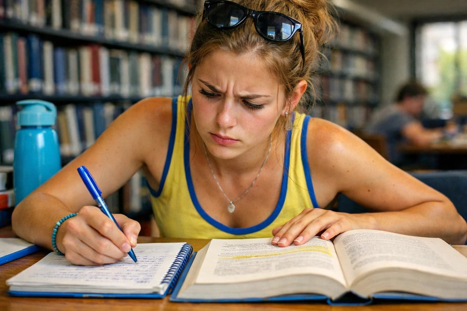 Aufgeschlagene Masterarbeiten verschiedener Fachbereiche auf einem Bibliotheksschreibtisch