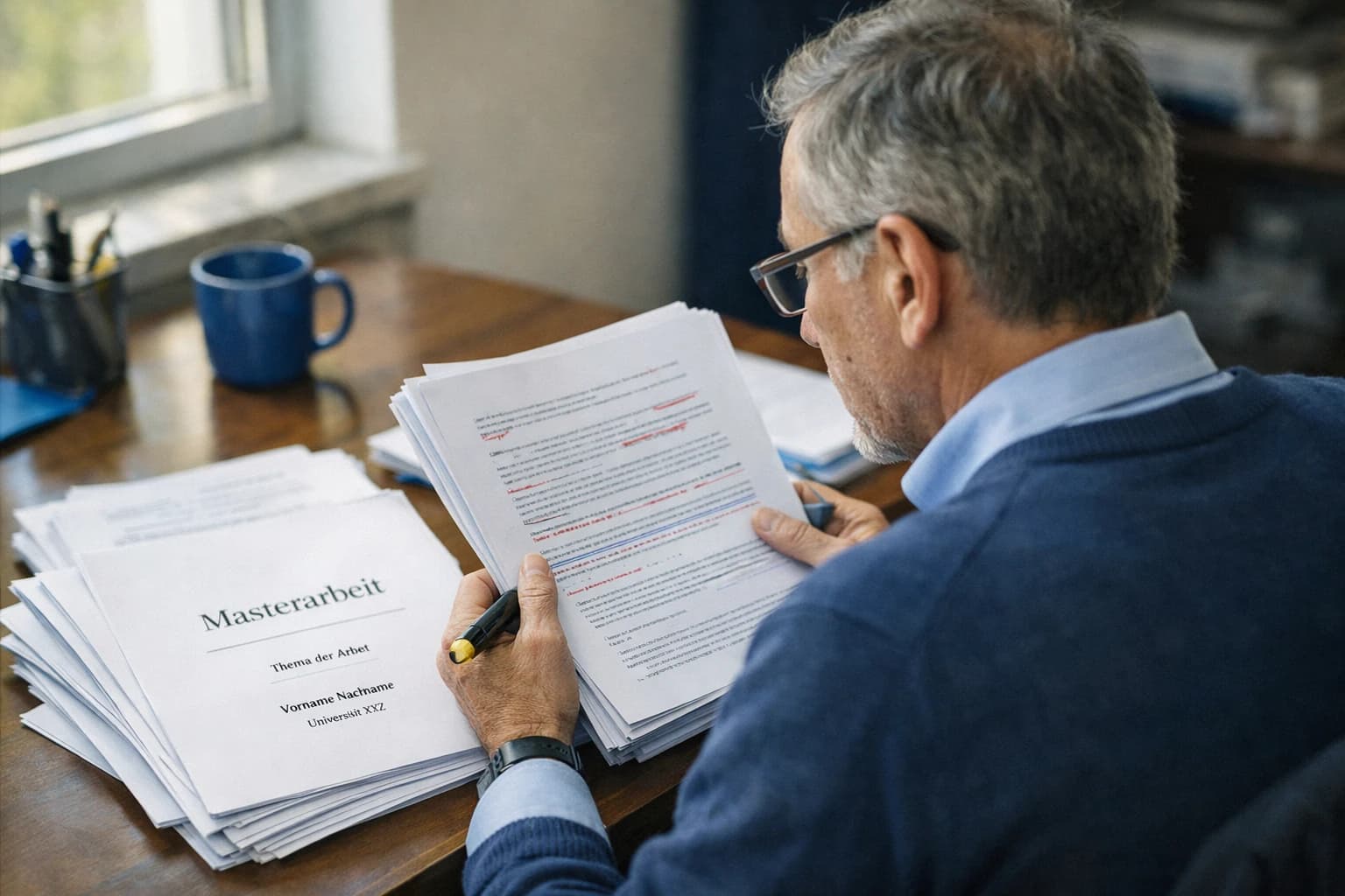 Dozent liest Masterarbeit Korrektur mit Textmarker, Stapel korrigierter Seiten auf dem Schreibtisch