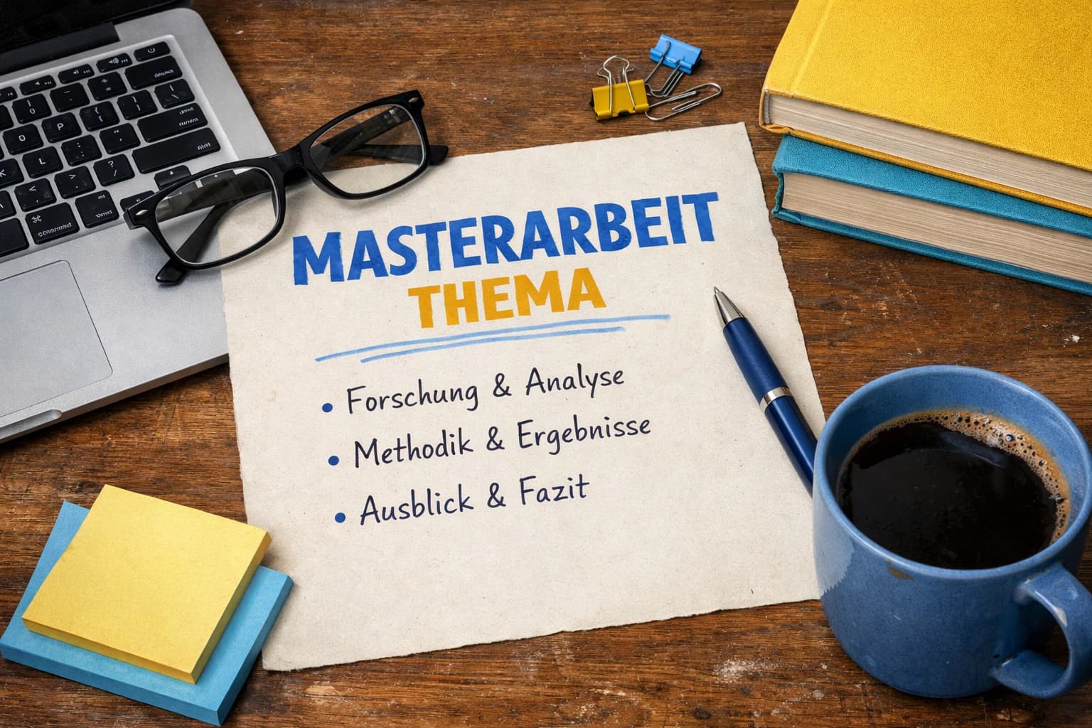 Studierende recherchiert Themenideen für ihre Masterarbeit am Schreibtisch mit Laptop und Fachliteratur