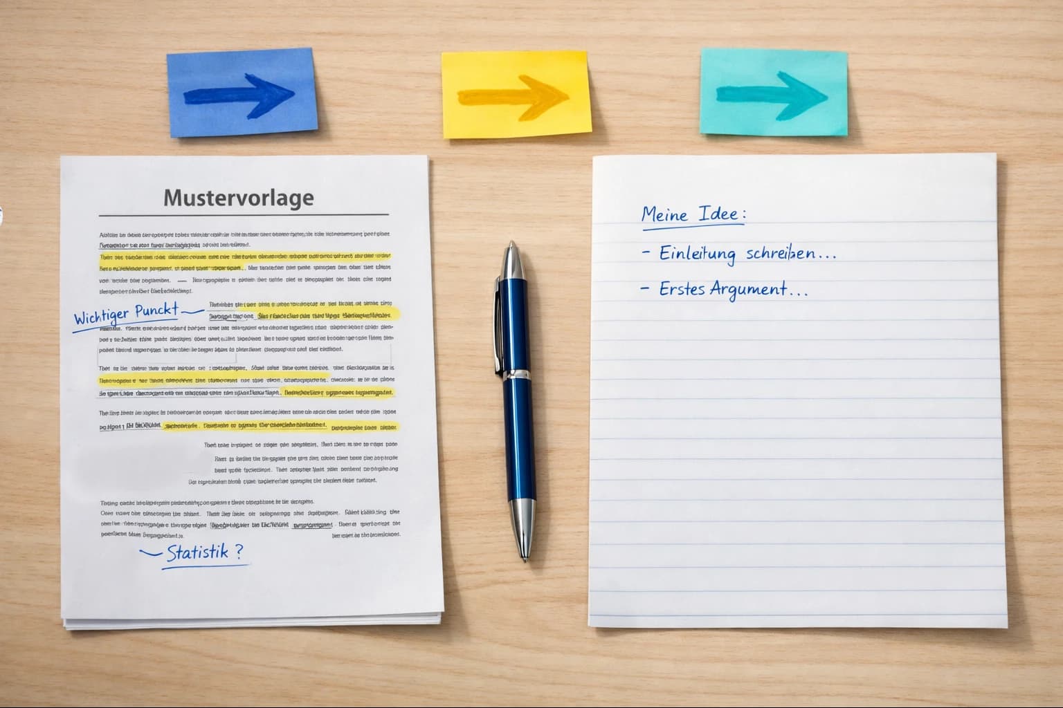 Mustervorlage richtig nutzen, zwei Dokumente nebeneinander auf einem Schreibtisch