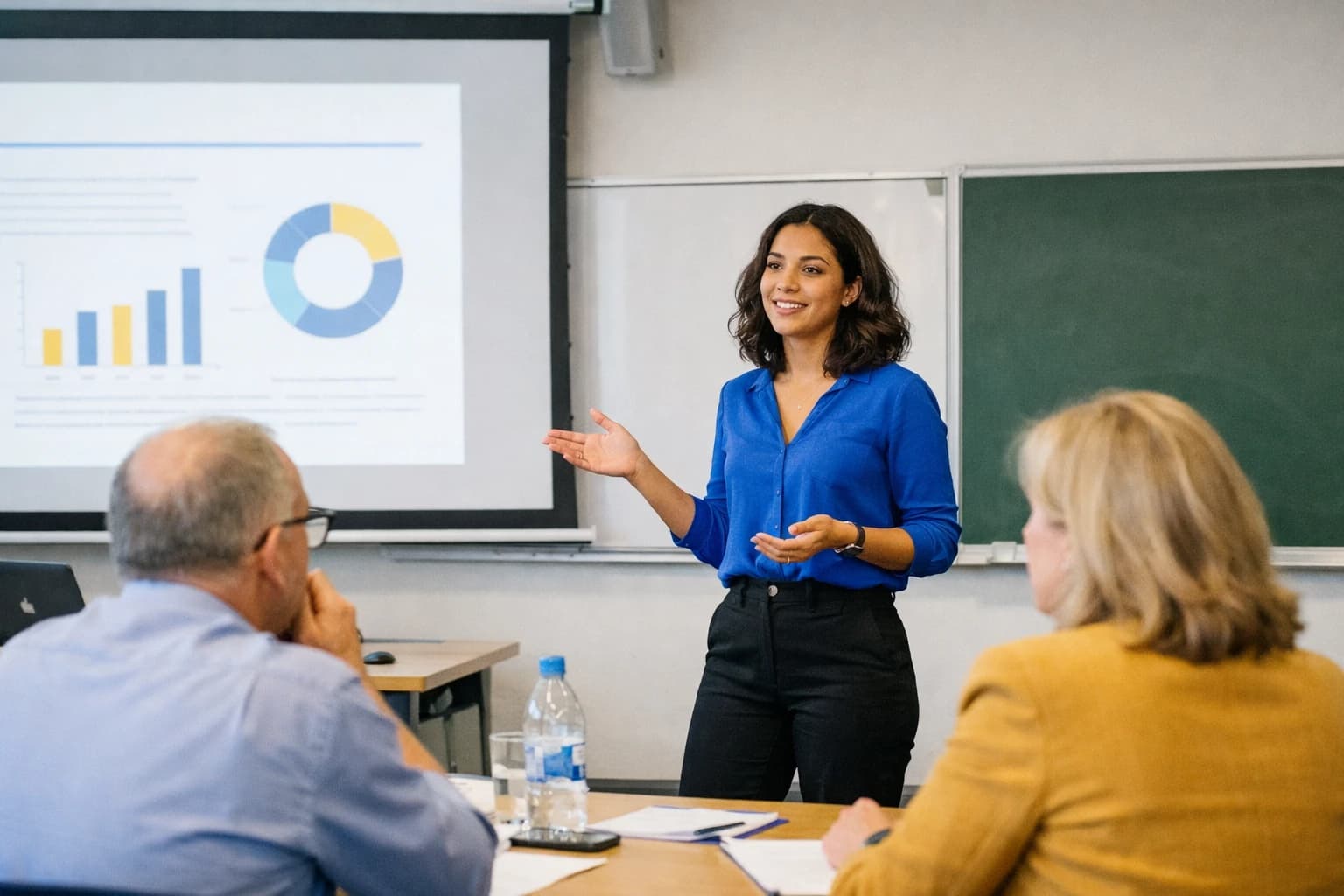 Studierende praesentiert ihre Masterarbeit im Kolloquium vor dem Pruefungskomitee