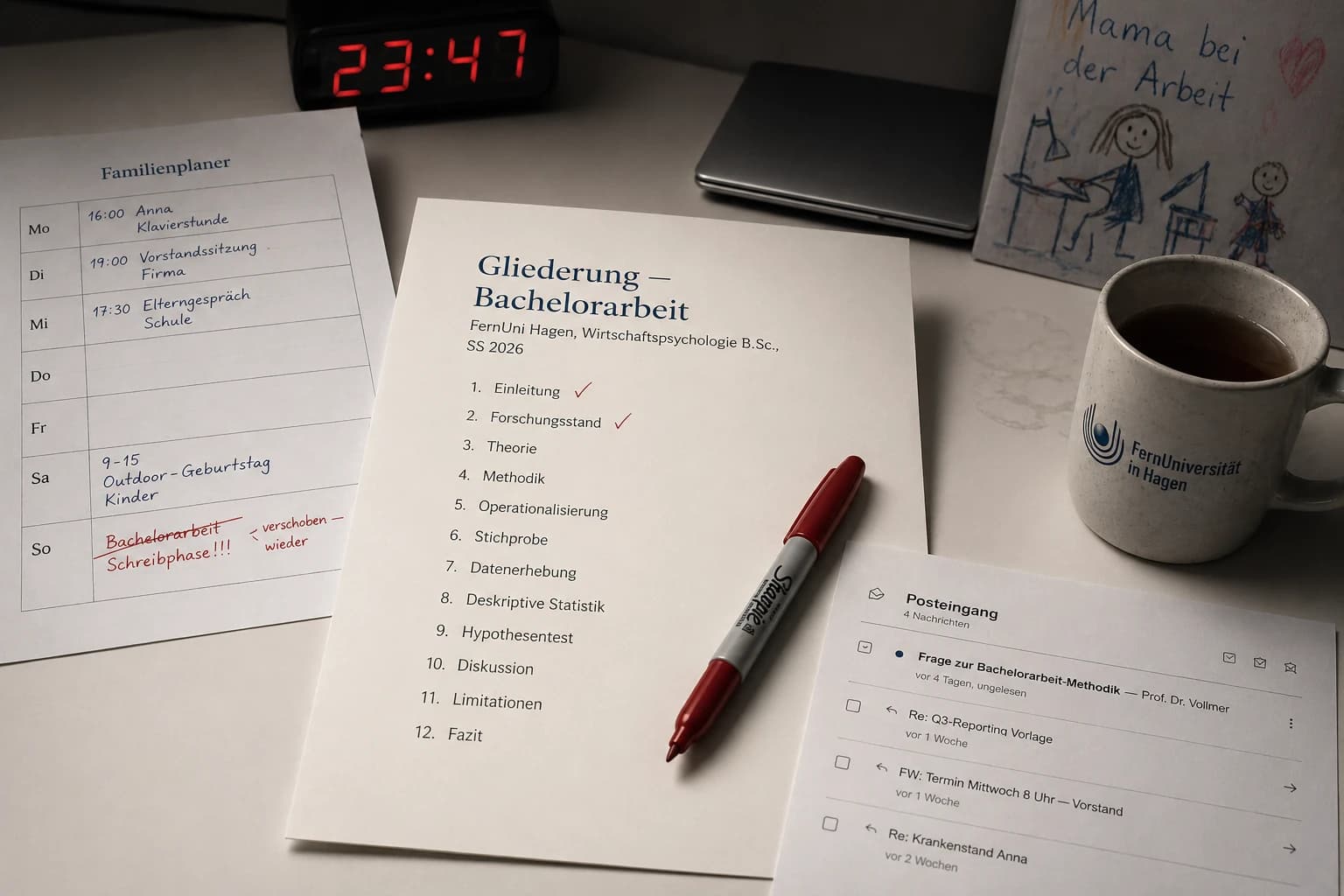 Studienalltag berufsbegleitend Studierender: Bachelorarbeit-Gliederung mit nur zwei von zwölf erledigten Punkten, Familienkalender mit verschobener Schreibphase und Job-Inbox mit ungelesener Betreuer-Email belegen die Doppelbelastung zwischen Vollzeit-Job und Studium