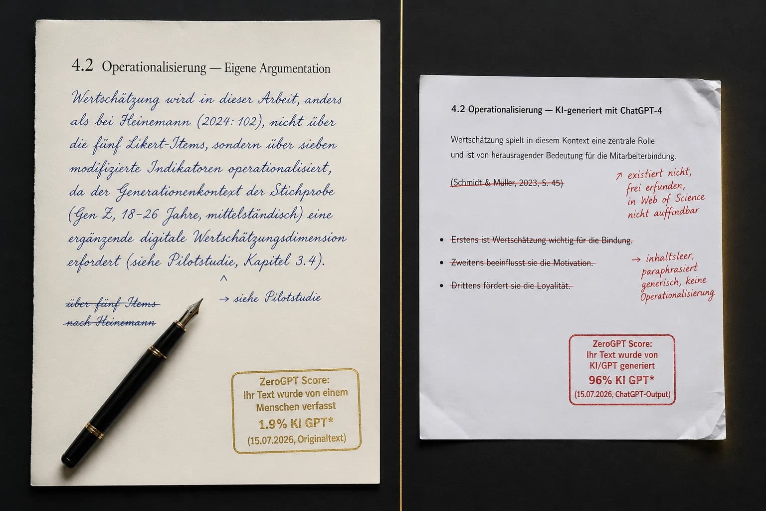 Vergleich Mensch vs ChatGPT in der Wissenschaft: links handgeschriebene eigene Argumentation mit ZeroGPT-Score 0.93 als Human-likely, rechts ChatGPT-Output mit halluzinierter Quelle und ZeroGPT-Score 0.04 — typische KI-Erkennungsmerkmale wie generische Aufzählungen und erfundene Zitate