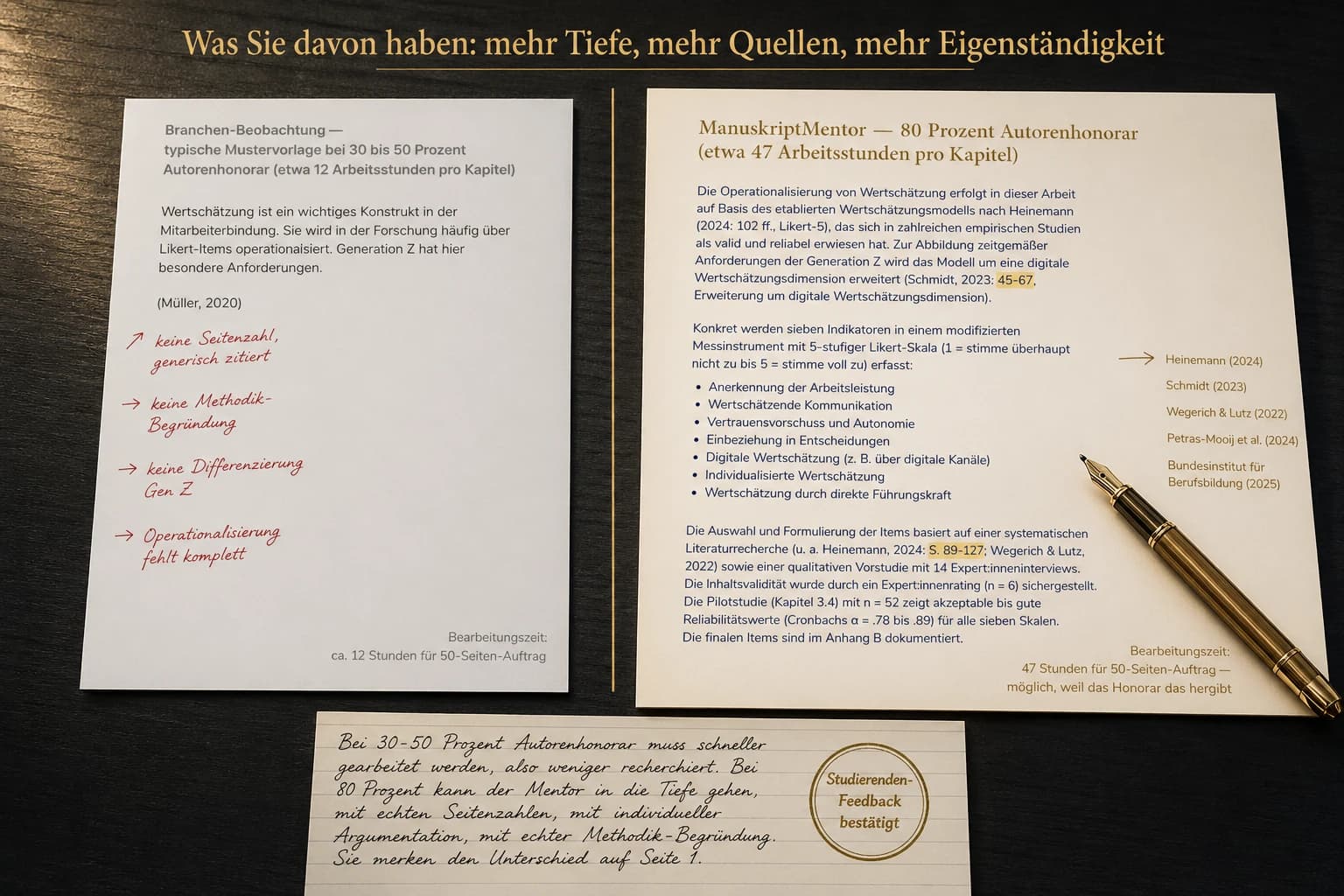 Qualitätsvergleich Mustervorlagen: links sparser Text mit einer Quelle ohne Seitenzahl bei 30 bis 50 Prozent Autorenhonorar, rechts dichter Text mit fünf Citavi-Quellen mit Seitenzahlen bei 80 Prozent Honorar — mehr Marge für den Fachautor bedeutet mehr Recherche-Tiefe in der gelieferten Mustervorlage