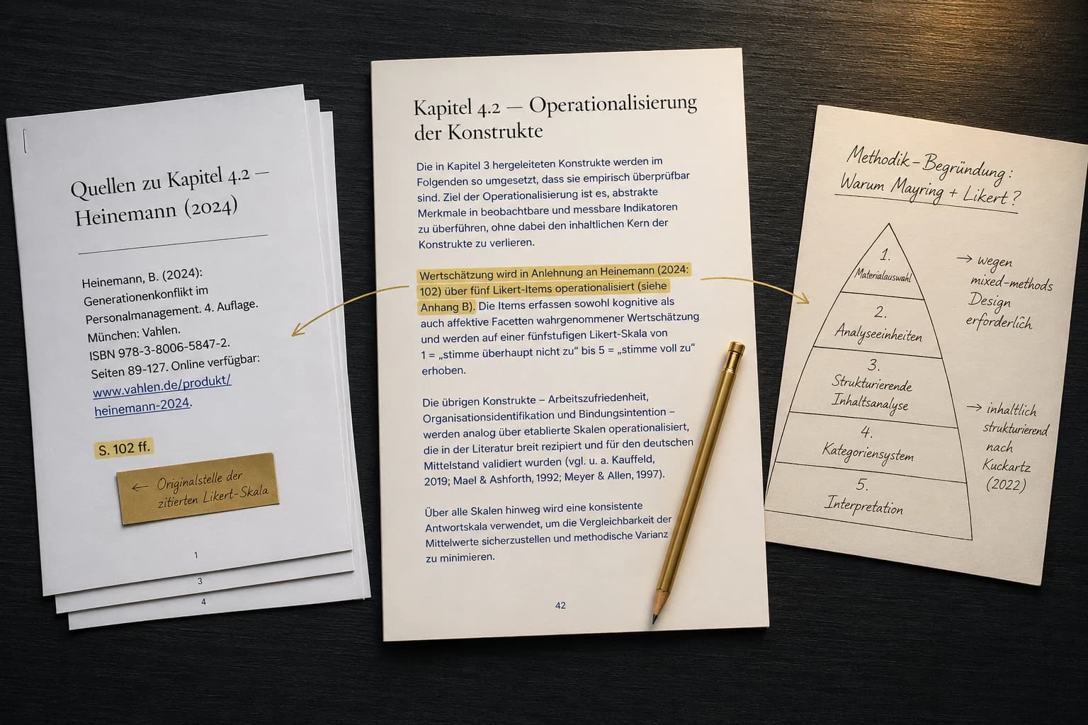 Mustervorlagen-Lernpaket auf dem Schreibtisch: drei Dokumente verbunden durch Goldpfeile zeigen Aufbau aus Mustervorlage, Quellen-PDF und handgeschriebener Methodik-Begründung mit Mayring-Inhaltsanalyse-Pyramide