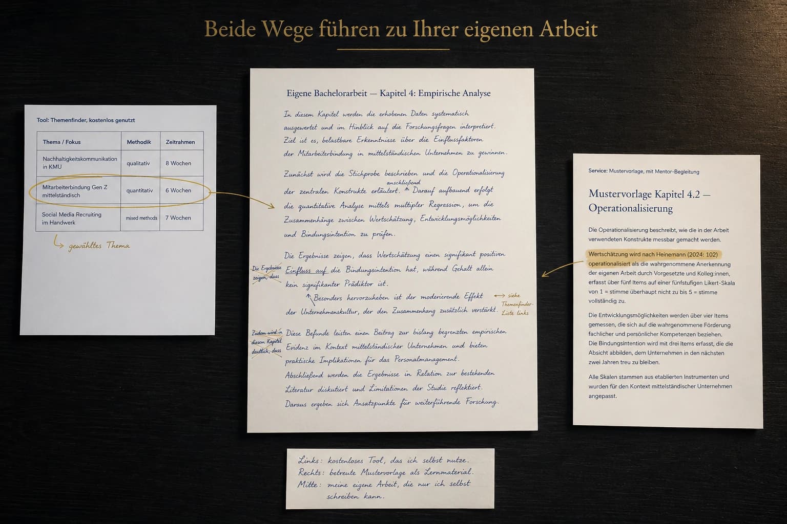 Hybrid-Position von ManuskriptMentor: links ein Themenfinder-Output als kostenfreies Tool, rechts ein Mustervorlagen-Auszug als betreuter Service, beide stützen mit Goldpfeilen die handgeschriebene eigene Bachelorarbeit in der Mitte — beide Wege führen zur eigenen Arbeit