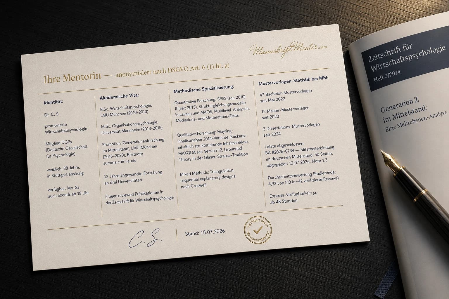 Anonymisiertes Mentor-Profil bei ManuskriptMentor: promovierte Wirtschaftspsychologin mit zwölf Jahren Forschung, Methoden-Spezialisierung in SPSS, R, Mayring-Inhaltsanalyse, Kuckartz und MAXQDA, mit Statistik der bisher betreuten Bachelor-, Master- und Dissertations-Mustervorlagen