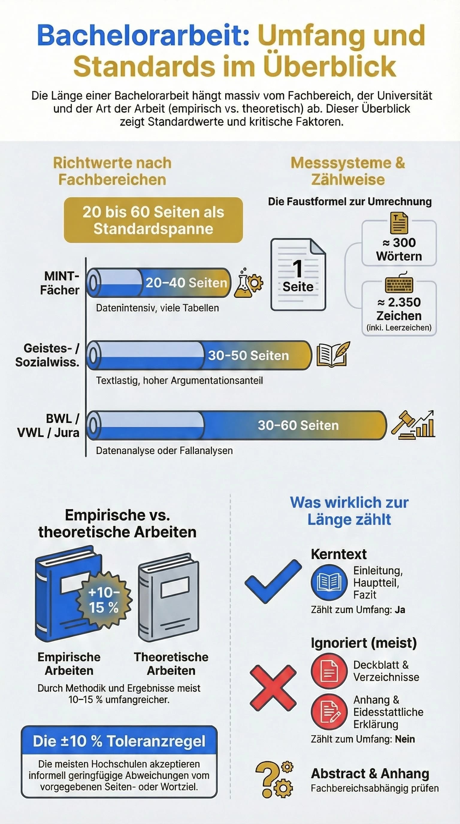 Infografik Bachelorarbeit Seitenzahl: Richtwerte nach Fachbereich, was zum Umfang zählt und Toleranzbereiche