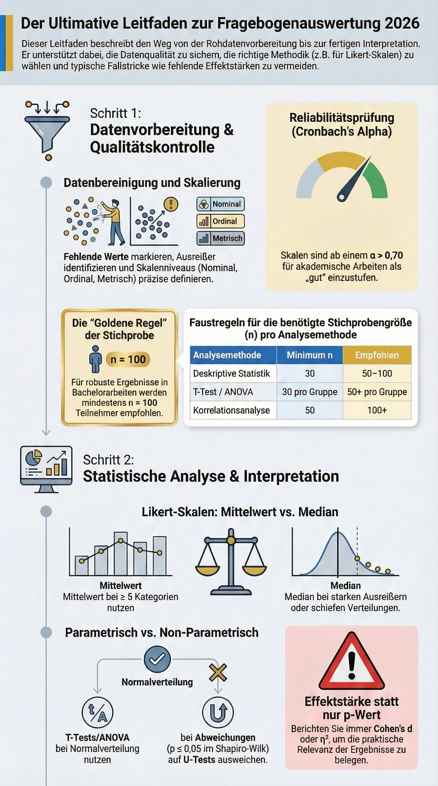 Infografik Fragebogen auswerten: Datenbereinigung, Likert-Skala Auswertung, SPSS vs. R vs. Excel Vergleich, Cronbachs Alpha und Ergebnispräsentation