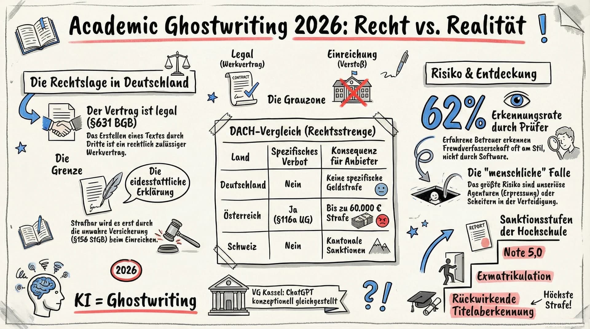 Infografik: Academic Ghostwriting 2026, Recht vs. Realität, DACH-Vergleich und Erkennungsraten