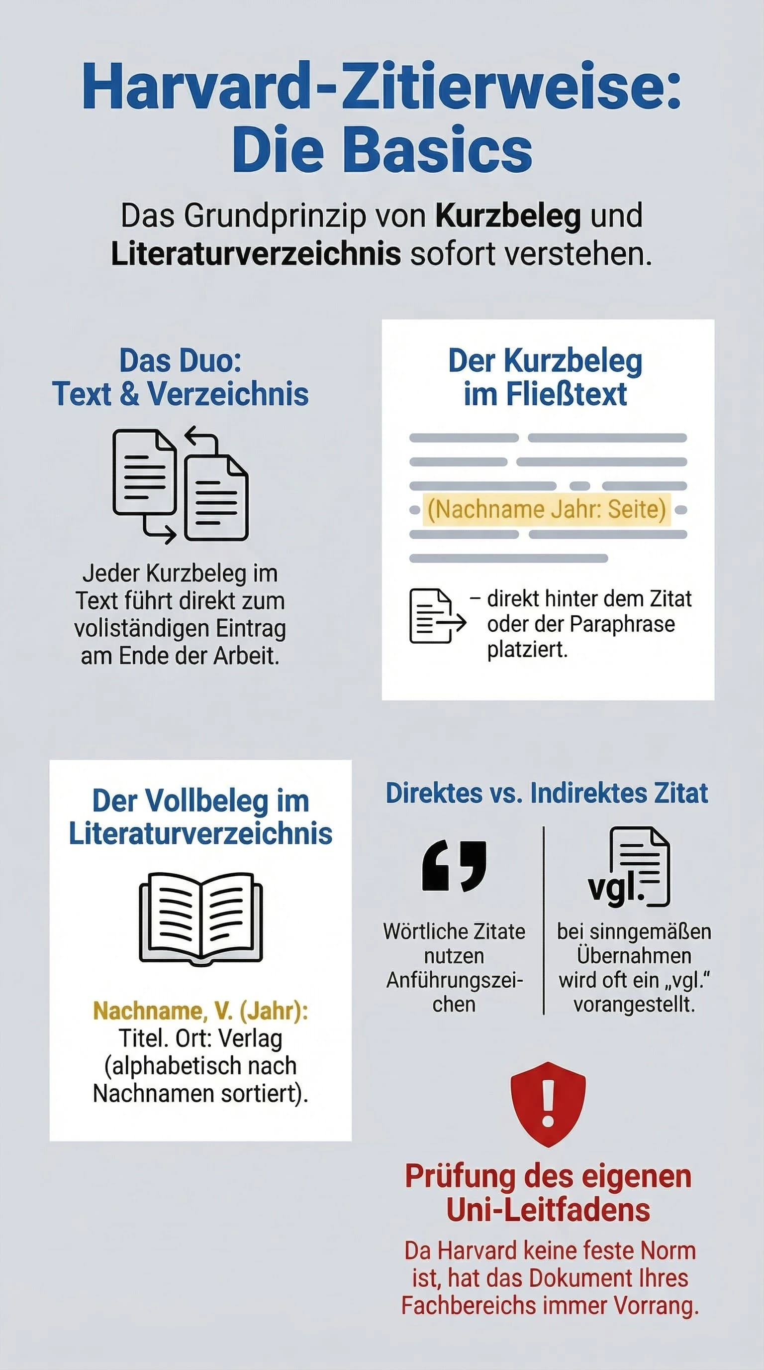 Infografik Harvard-Zitierweise: Kurzbeleg, Literaturverzeichnis, et al.-Regel und häufige Fehler