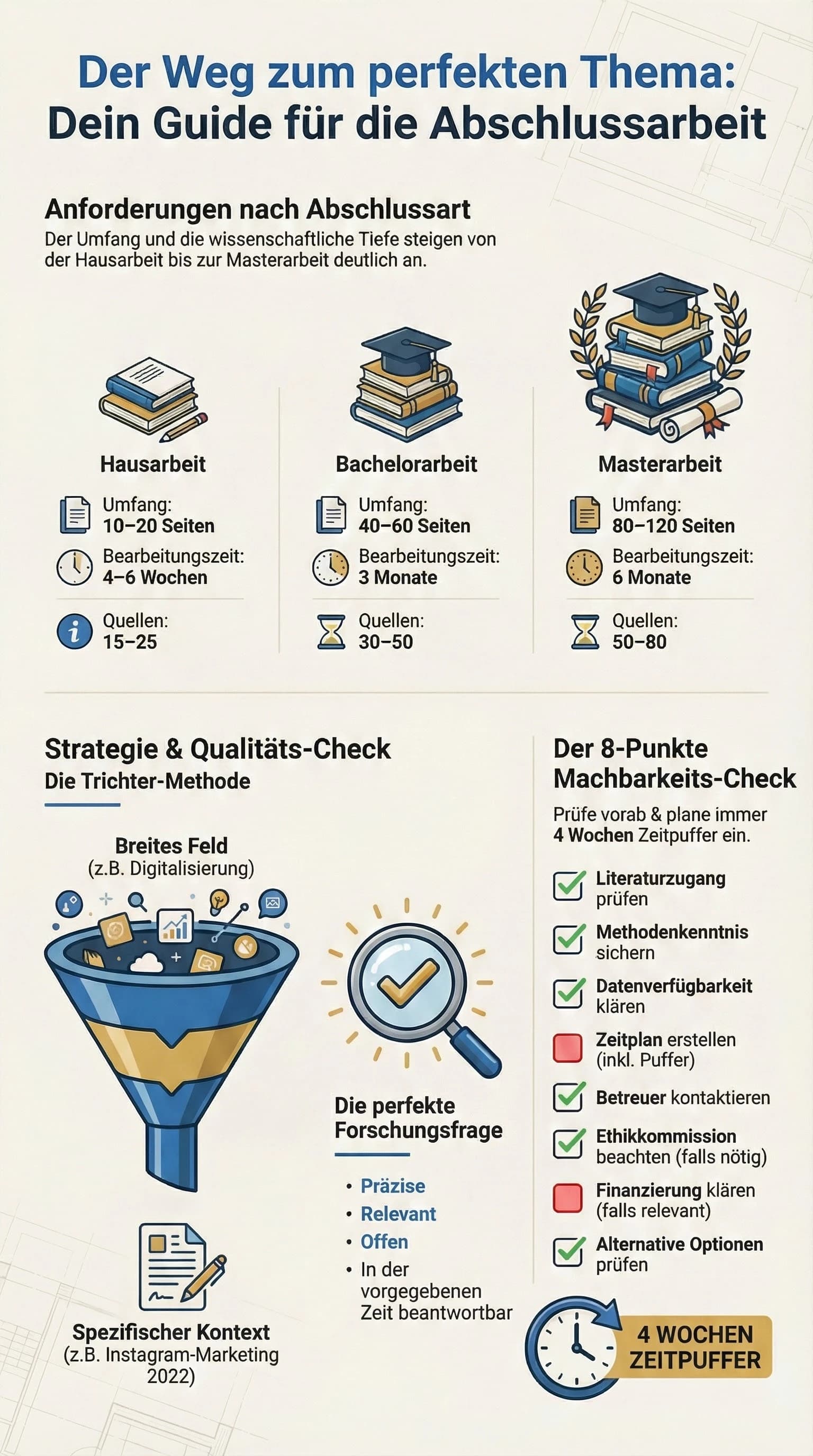 Infografik Themenfindung: 4-Schritte-Plan von der Idee zur Forschungsfrage, mit Trichter-Methode, Machbarkeits-Check und Zeitmanagement-Tipps