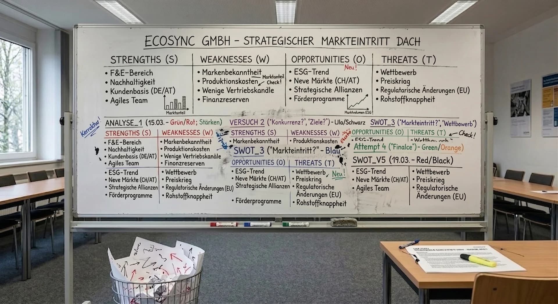 BWL-Seminarraum: Whiteboard mit SWOT-Analyse und durchscheinenden Resten gescheiterter Vorgaengerversuche