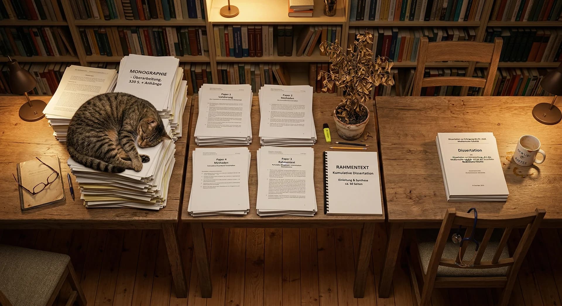 Drei Dissertationstypen nach Jahren der Arbeit: Katze schlaeft auf Monographie, vertrocknete Pflanze neben kumulativer Dissertation