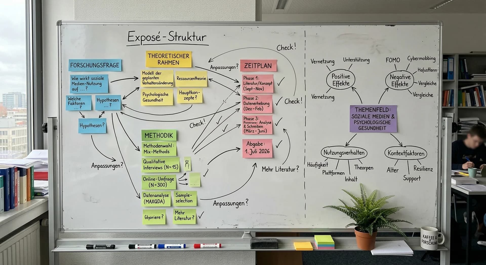 Expose-Planung mit strukturierter Pinnwand, Forschungsfrage und Methodik-Zeitplan