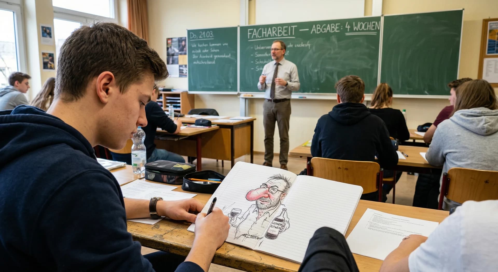 Schüler zeichnet Karikatur seines Lehrers mit roter Nase und Flasche ins Notizheft während an der Tafel die Facharbeit-Abgabe in vier Wochen steht