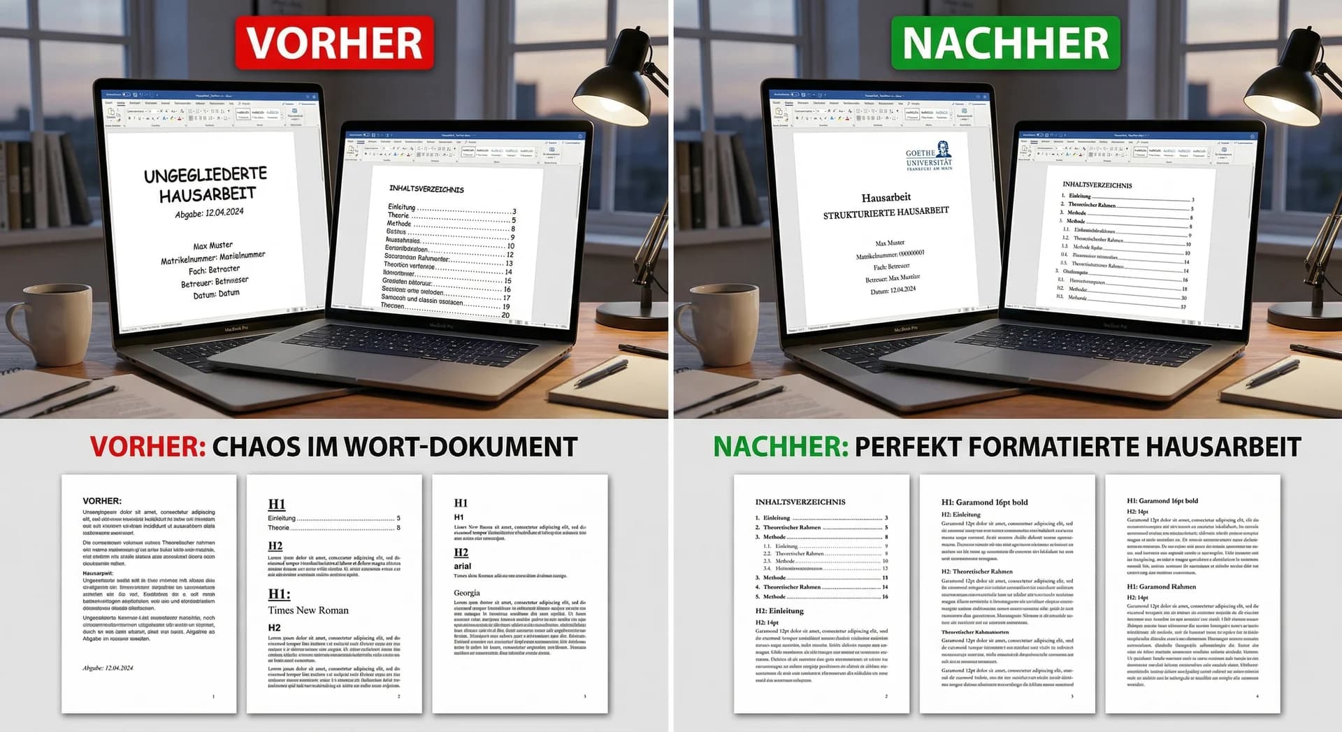 Vorher-Nachher-Vergleich: Chaotisches Word-Dokument wird professionell formatiert