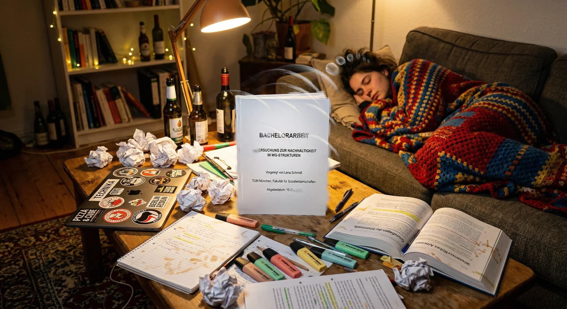 Studentin schläft zugedeckt auf dem WG-Sofa während auf dem chaotischen Couchtisch zwischen zerknüllten Notizen und umgekippter Kaffeetasse eine makellos gebundene Bachelorarbeit leuchtet