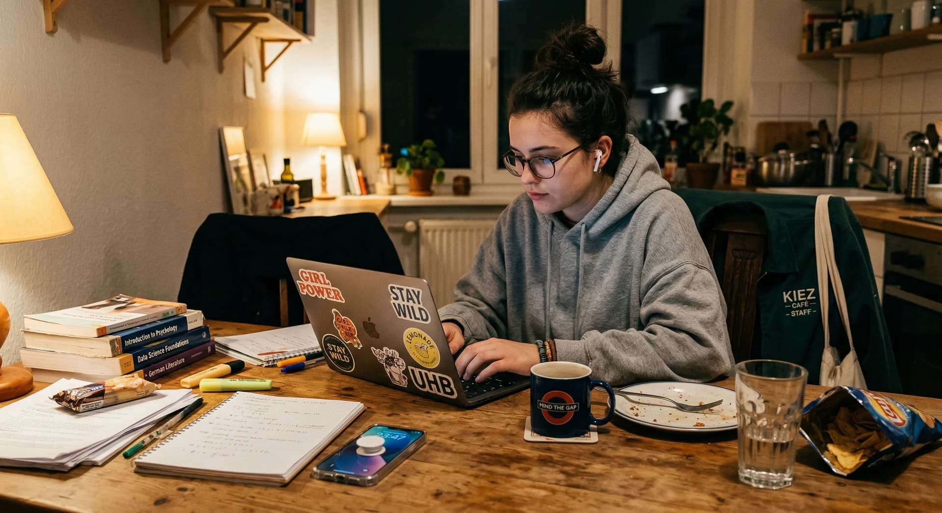 Studentin schreibt spaetabends Hausarbeit am Kuechentisch, umgeben von Fachbuechern, Notizen und Laptop