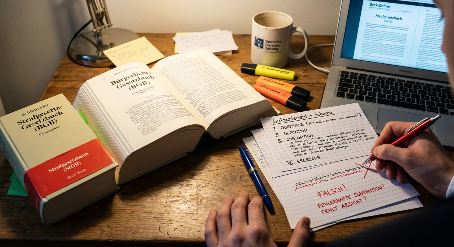 Juristische Hausarbeit mit Gutachtenstil-Schema, markiertem BGB und Subsumtions-Pruefung