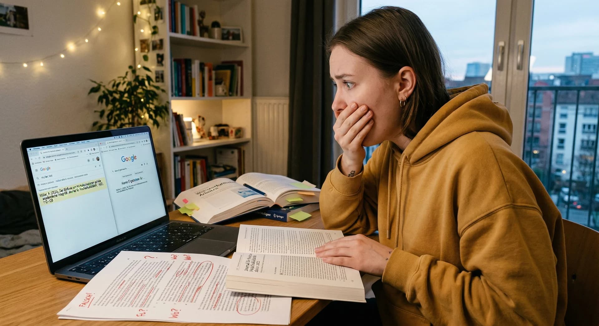 Student starrt entsetzt auf seinen Laptop, neben ihm ausgedruckter Text voller Fragezeichen und aufgeschlagene Fachbücher