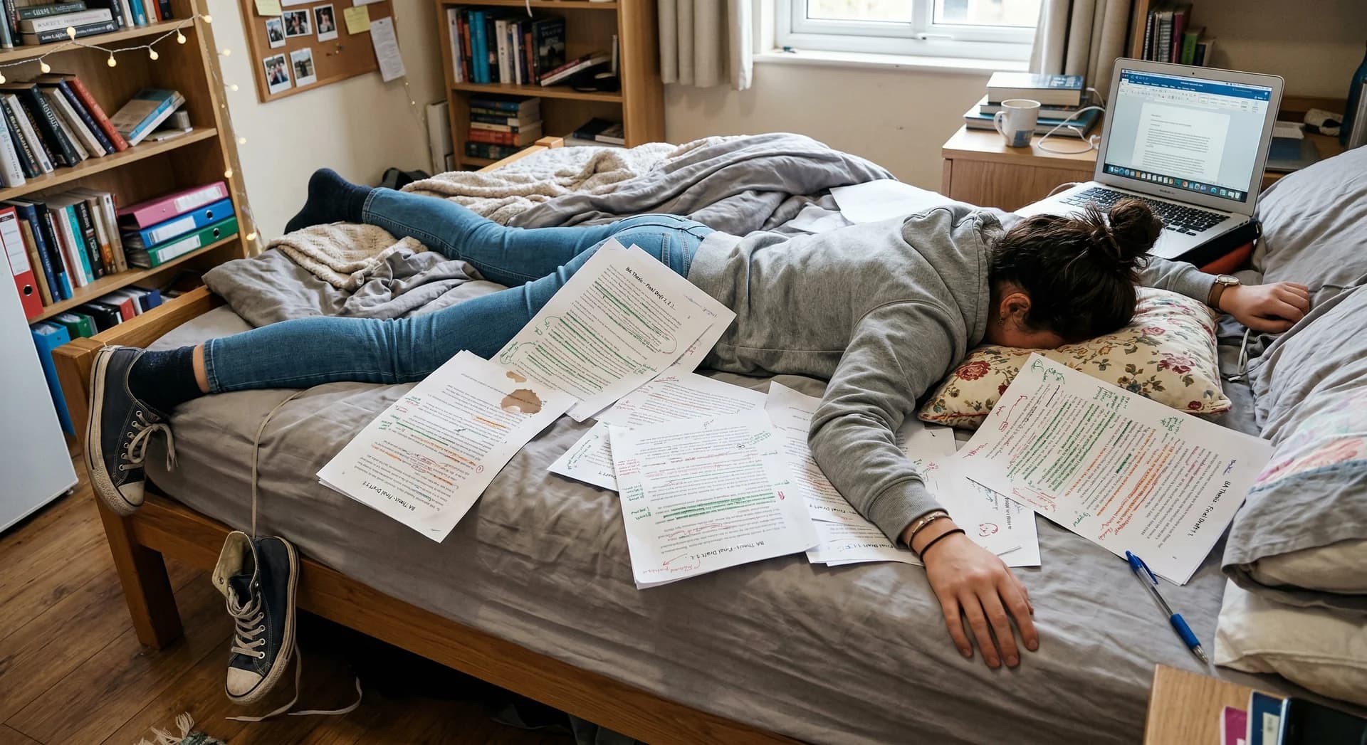 Studentin liegt erschöpft mit dem Gesicht im Kissen auf dem Bett, umgeben von zehn ausgedruckten Korrekturversionen derselben Arbeit in verschiedenen Farben
