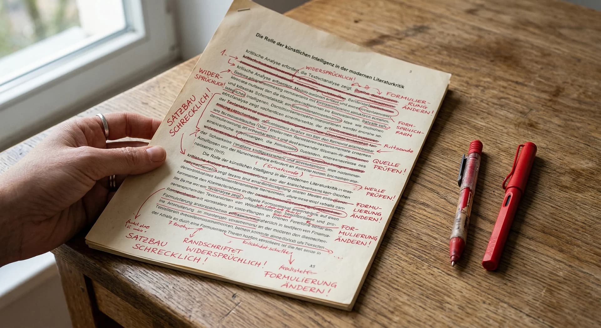 Lektoriertes Manuskript mit roten Korrekturen und Argumentationspruefung neben Ersatz-Rotstift