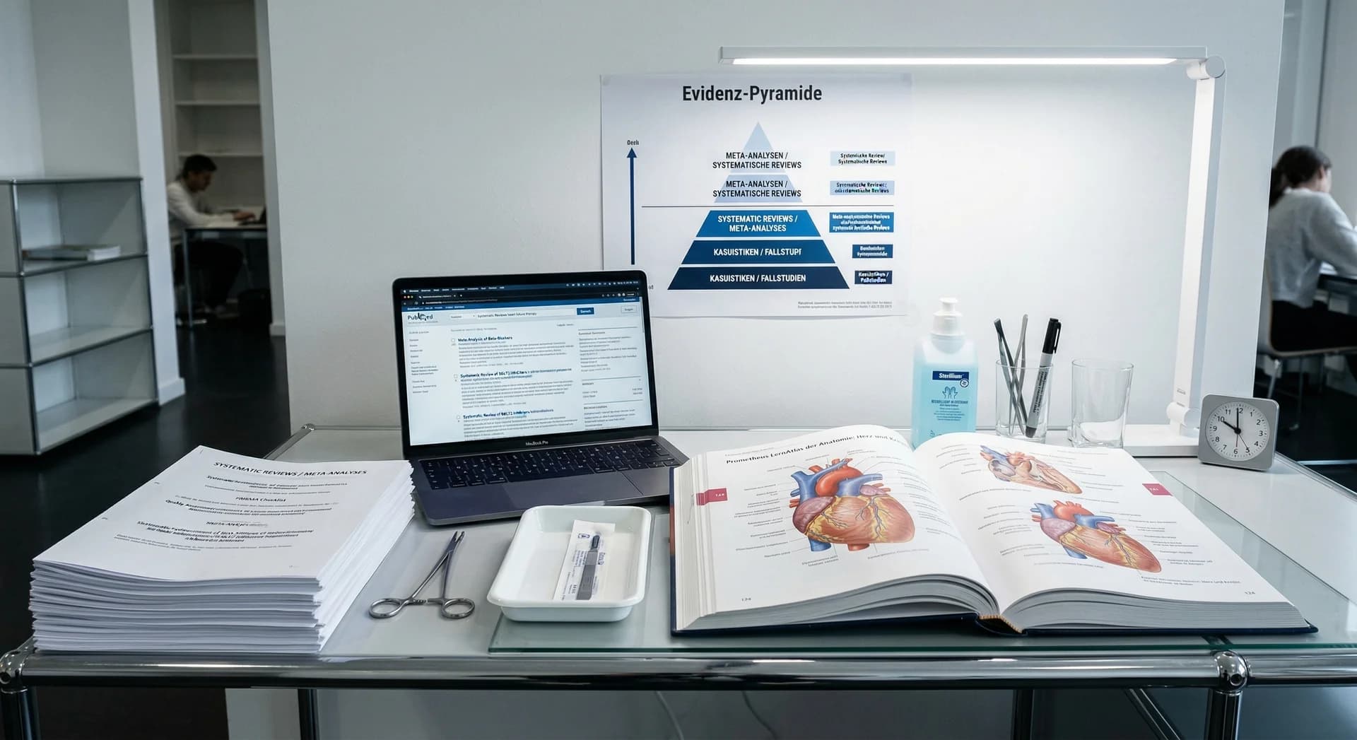 Medizinische Doktorarbeit mit Anatomie-Atlas, PubMed-Recherche und Evidenz-Pyramide