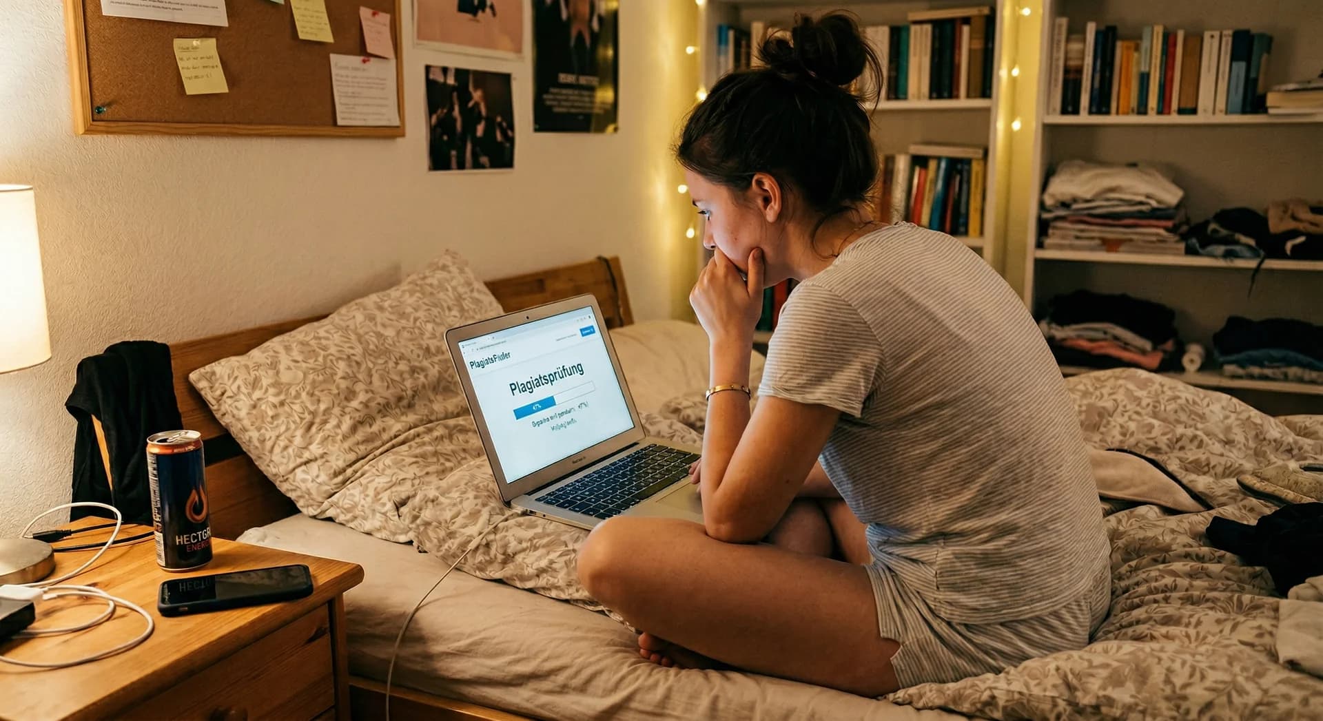 Studentin im Pyjama sitzt angespannt im Bett vor Laptop mit Plagiatsprüfung bei 47 Prozent Ladebalken, Körperhaltung wie bei einem spannenden Thriller, Energy-Drink auf dem Nachttisch