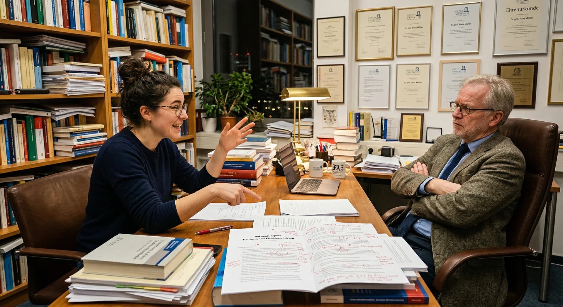 Doktorandin gestikuliert begeistert während der Professor mit verschränkten Armen und skeptischem Blick zurücklehnt, rot markiertes Exposé zwischen ihnen