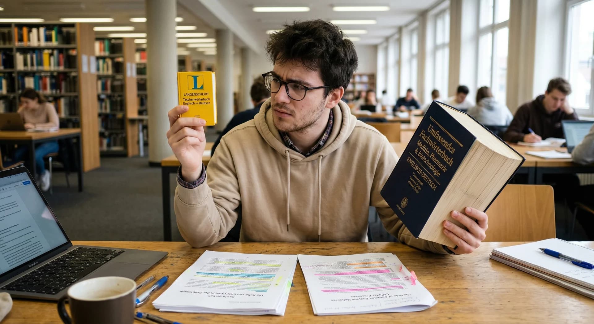 Student in der Bibliothek hält winziges Taschenwörterbuch und riesiges Fachwörterbuch hoch, der Größenunterschied zeigt die Kluft zwischen Alltagssprache und wissenschaftlicher Fachsprache