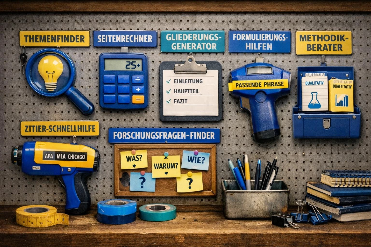 Werkzeugwand mit akademischen Tools: Themenfinder, Seitenrechner, Gliederungsgenerator, Formulierungshilfen, Zitier-Schnellhilfe, Forschungsfragen-Finder und Methodik-Berater