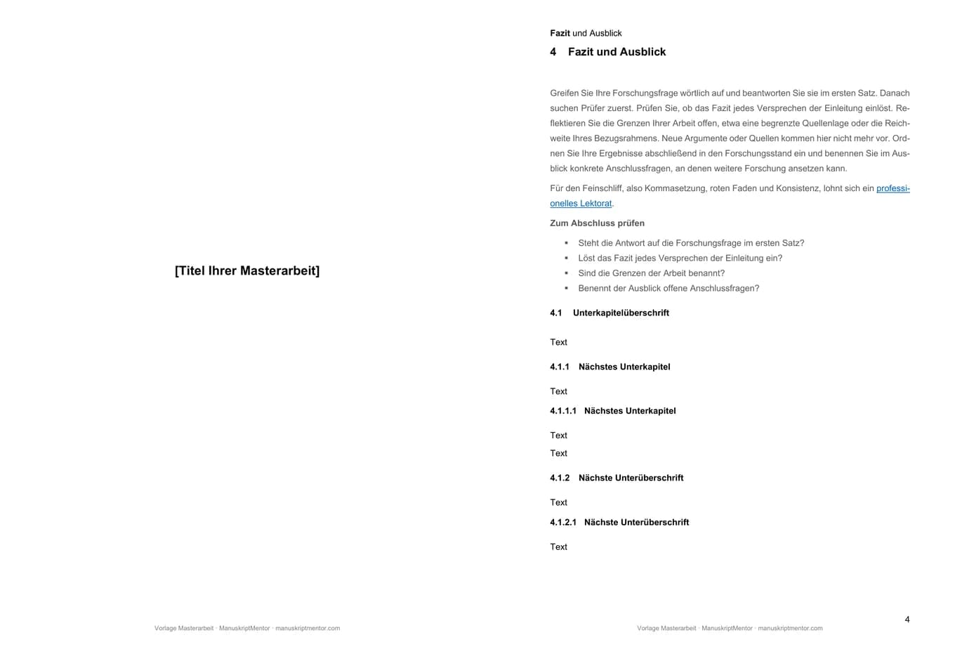 Vorschau der Masterarbeit-Vorlage: Deckblatt und ein Kapitel mit Tipp und Checkliste