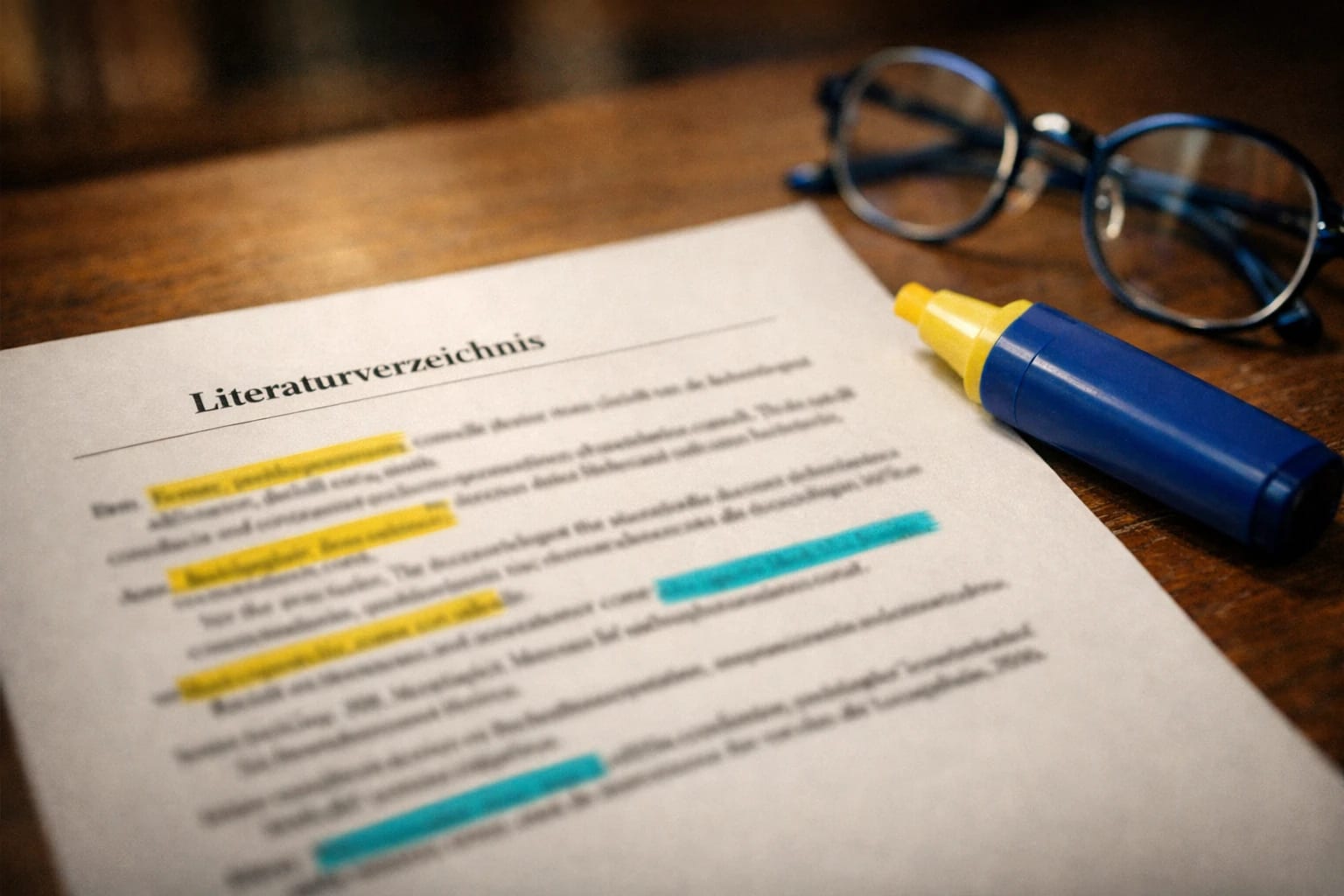 Aufgeschlagenes Lehrbuch mit Literaturverzeichnis im Harvard-Stil neben Textmarker und Lesebrille