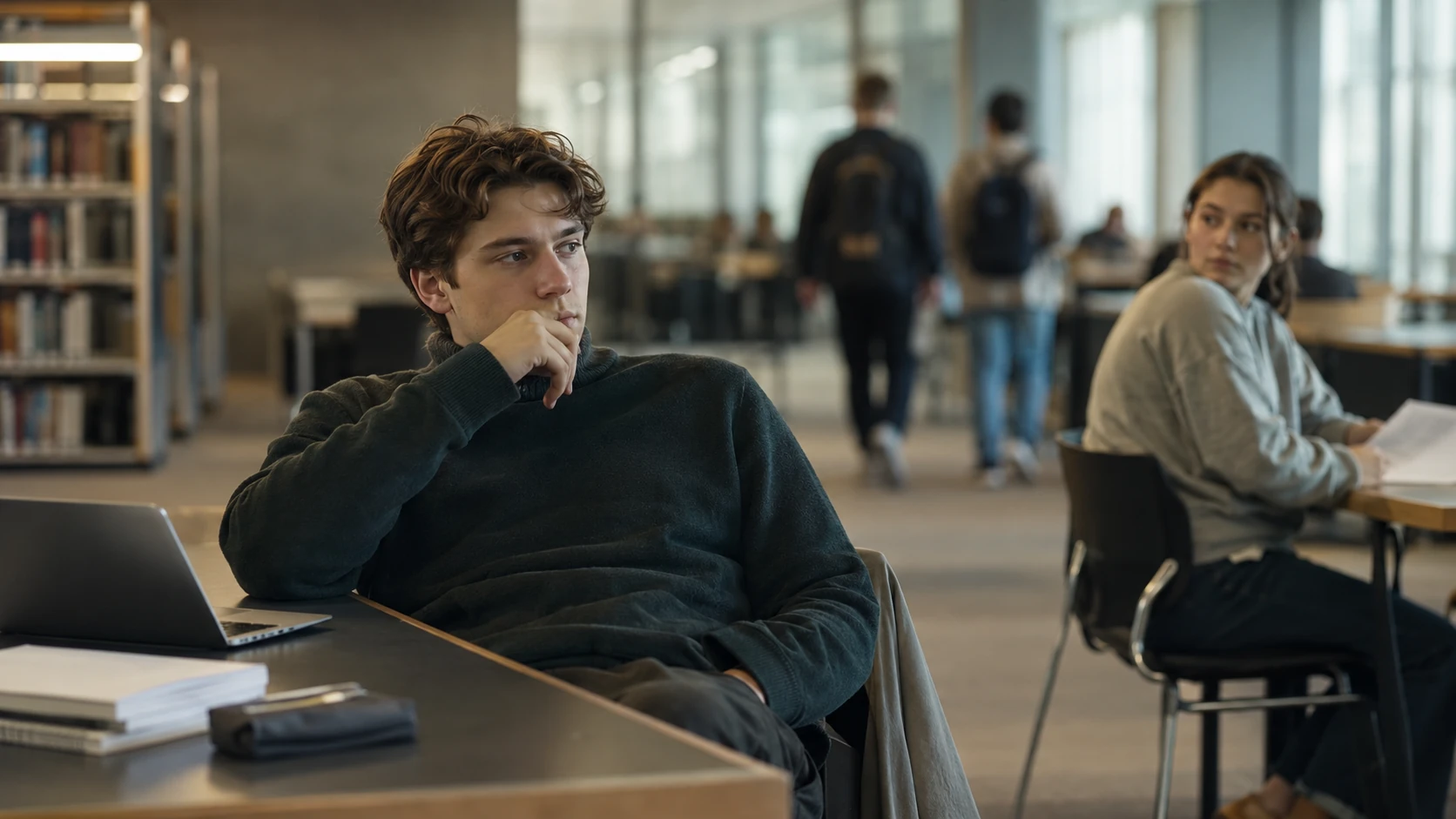 Nachdenklicher Studierender lehnt sich vom halb geschlossenen Laptop zurück, die Hand am Kinn, in einer hellen Universitätsbibliothek, im Hintergrund weitere Studierende unscharf.