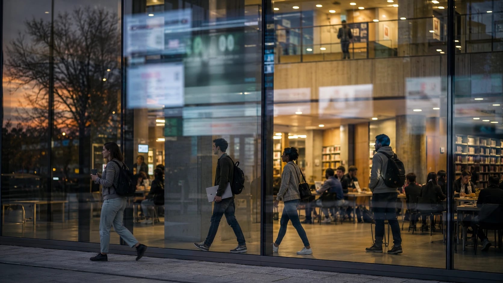 Studierende mit Rucksäcken gehen in der Abenddämmerung an der beleuchteten Glasfassade einer Universitätsbibliothek vorbei, im Inneren Bücherregale und Lesetische, auf dem Glas spiegeln sich unscharf Bildschirme und Anzeigetafeln.