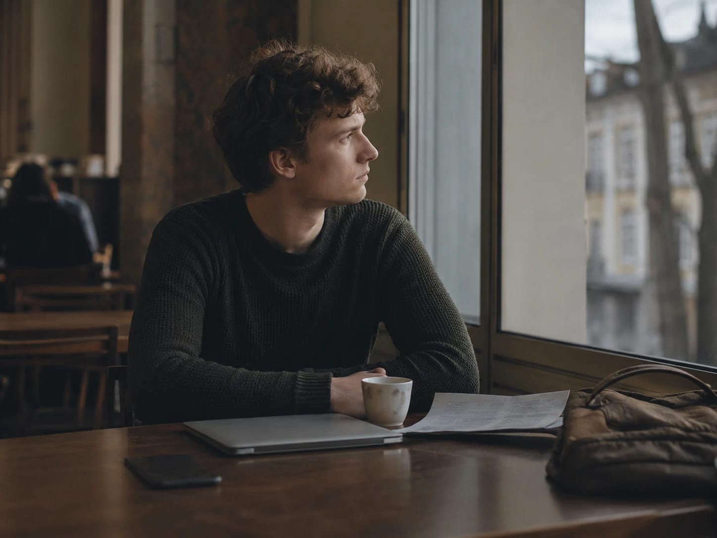 Nachdenklicher Studierender mit Laptop und Rucksack am Fenster eines Cafés, Blick nach draußen.
