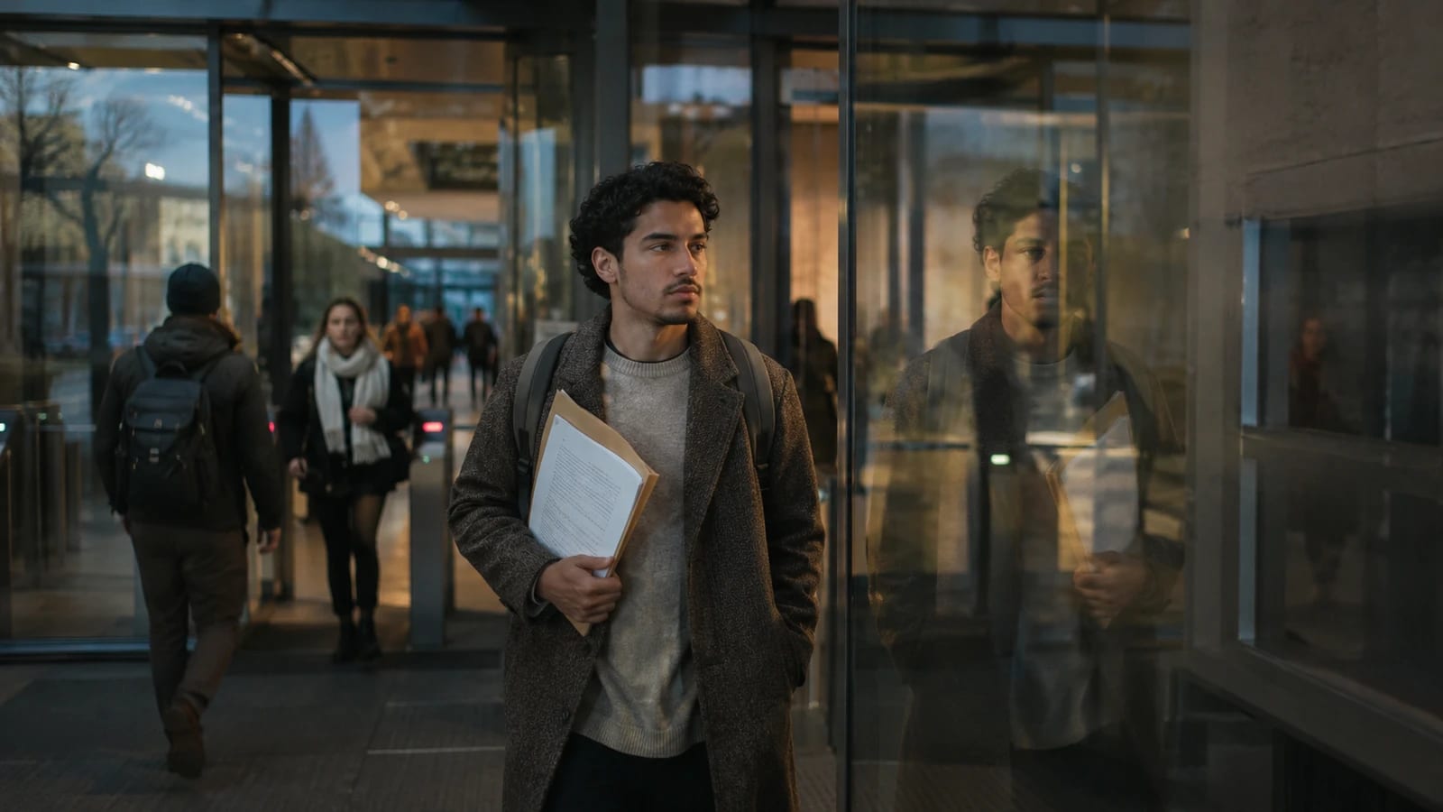 Studierender verlässt mit Unterlagen unter dem Arm ein modernes Universitätsgebäude mit Glasfront, im Hintergrund weitere Studierende in der Abenddämmerung.