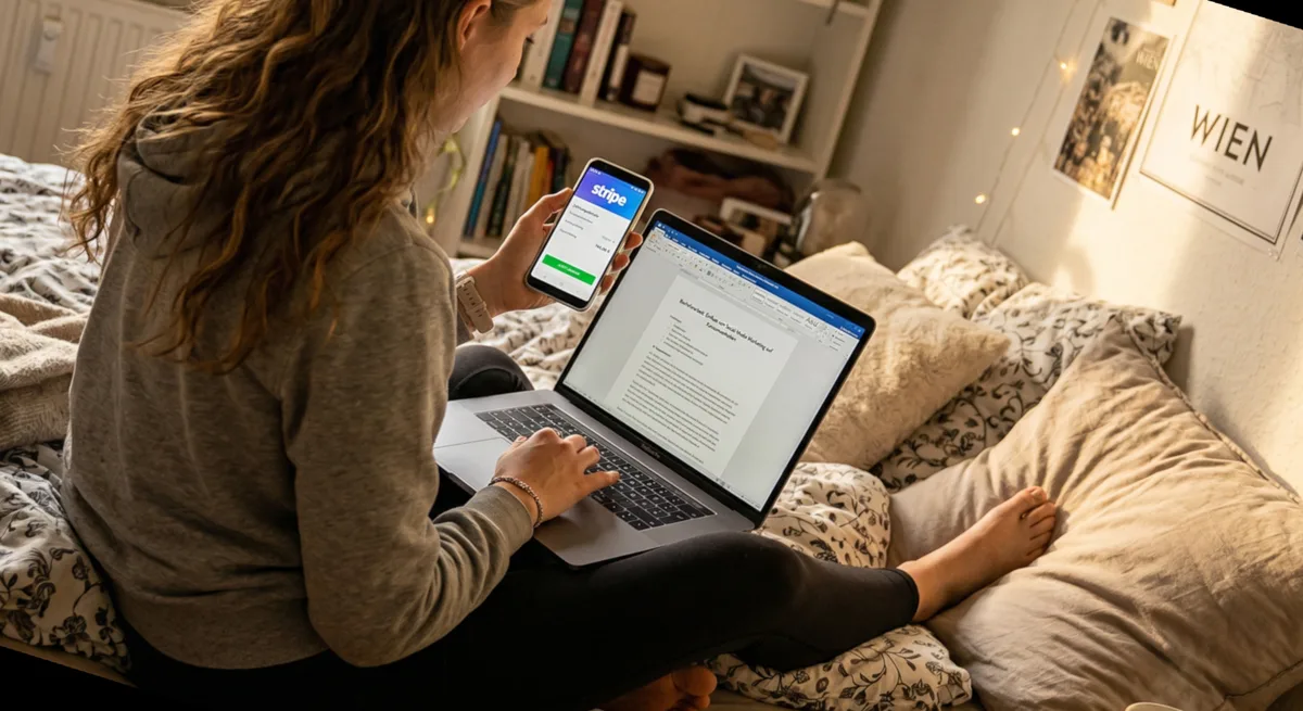 Studentin prüft entspannt eine gelieferte wissenschaftliche Arbeit auf dem Bett bevor sie bezahlt, Laptop und Smartphone griffbereit, keine Eile und volle Kontrolle