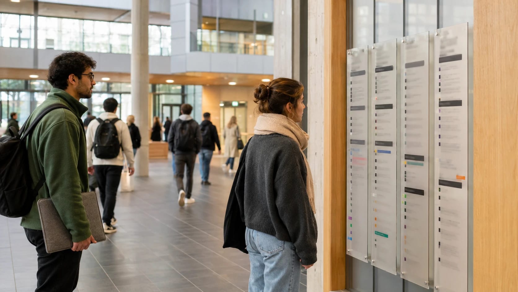 Zwei Studierende stehen im hellen Foyer einer Hochschule vor einer Wand mit ausgehängten Listen und schauen nach, im Hintergrund weitere Studierende.