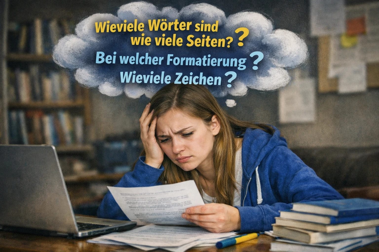Studierende prüft die Seitenzahl ihrer Masterarbeit am Schreibtisch mit Laptop und Prüfungsordnung